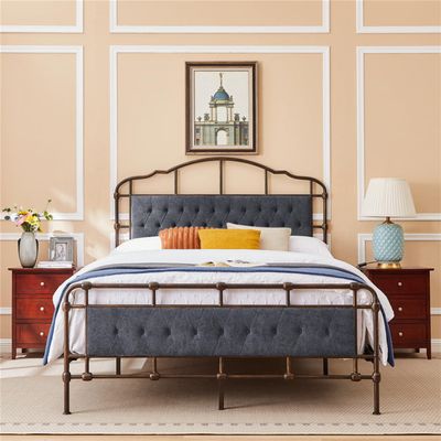 LKTART Queen Size Bed Frame High Board Metal Bed Frame with Soft Headboard and Footboard Platform Bed Frame for Bedroom Dark Grey