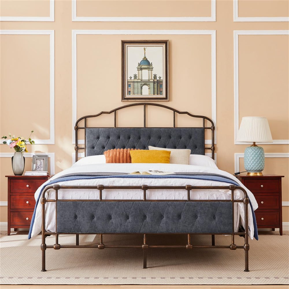 LKTART Queen Size Bed Frame High Board Metal Bed Frame with Soft Headboard and Footboard Platform Bed Frame for Bedroom Dark Grey