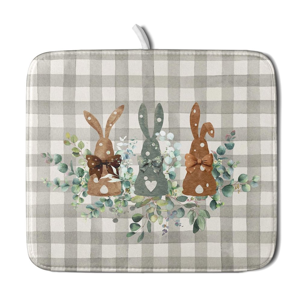 Spring Bunny Dish Drying Mats for Kitchen Counter, Rabbits Leaves Grey Buffalo Plaid Absorbent Microfiber Dish Drying Pad Dishes Rack Mat Heat Resistant Counter Portector 16"x18"