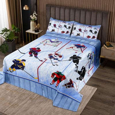 Hockey Bedding Quilt Twin Size, Cartoon Hockey Player Blue Ice Rink Bedspread for Kids Girls Boys Adult Bedroom Decor, Winter Ice Sports Games Comforter Set Vintage Wood Coverlet Set 2Pcs