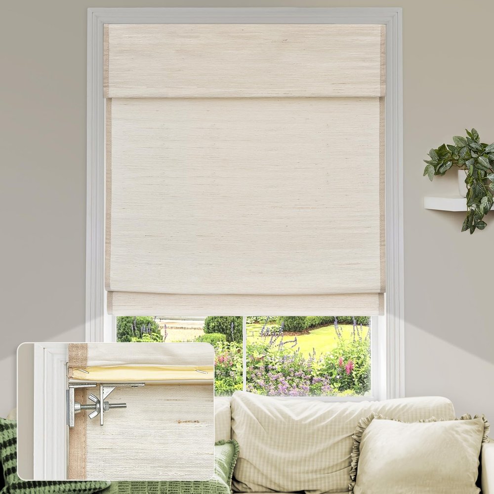 MiLin No Tools No Drill Cordless Roman Shades Privacy Linen Blackout Roman Window Natural Linen Fabric Blinds for Windows Treatment Bedroom Kitchen Living Room (River Oaks, 34 1/2" W x 60" H)