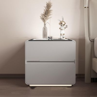 Nightstand with Wireless Charging, LED Nightstand with Leather Drawers and Storage Shelves, Bedroom Nightstand with 3-Color Adjustable Touch Lights, Small Nightstand, Bedside Table ( Color : Gray , Si