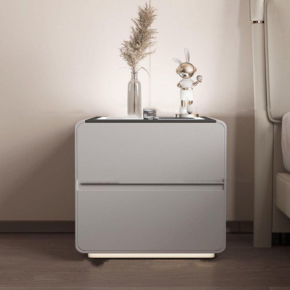 Nightstand with Wireless Charging, LED Nightstand with Leather Drawers and Storage Shelves, Bedroom Nightstand with 3-Color Adjustable Touch Lights, Small Nightstand, Bedside Table ( Color : Gray , Si