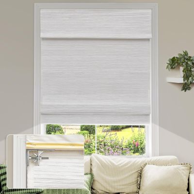 MiLin No Tools No Drill Cordless Roman Shades Privacy Linen Blackout Roman Window Natural Linen Fabric Blinds for Windows Treatment Bedroom Kitchen Living Room (Woodlands White, 33 1/4" W x 56" H)