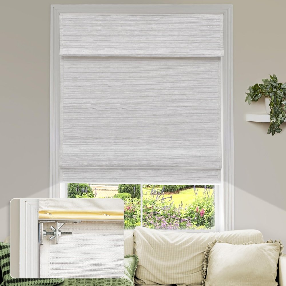 MiLin No Tools No Drill Cordless Roman Shades Privacy Linen Blackout Roman Window Natural Linen Fabric Blinds for Windows Treatment Bedroom Kitchen Living Room (Woodlands White, 33 1/4" W x 56" H)