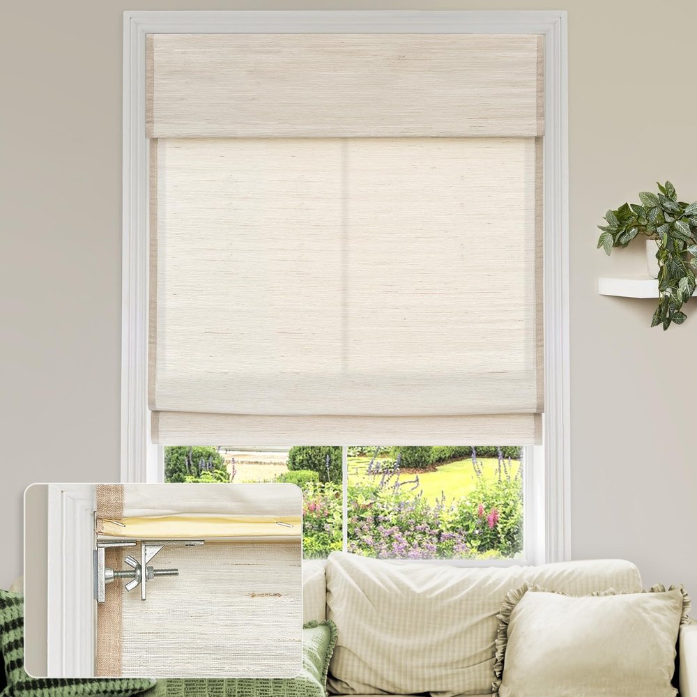 MiLin No Tools No Drill Cordless Roman Shades Privacy Linen Blackout Roman Window Natural Linen Fabric Blinds for Windows Treatment Bedroom Kitchen Living Room (River Oaks, 32 1/2" W x 64" H)