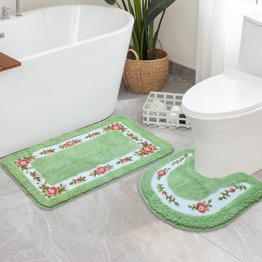 Apioiqa Rose Bathroom Contour Rug Sets, Floral Bath Rugs for Bathroom, Soft Plush Shaggy Bath Mats, Living Room Bedroom Mats, Water Absorbent Floor Carpets, Green (18 x 30 Plus 20 x 20 U)