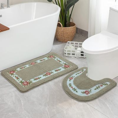 Apioiqa Rose Floral Bathroom Rug Sets 2 Piece Non Slip Bath Shower Mat and U-Shaped Contour Toilet Rug, Absorbent Microfiber, (18 x 30 Plus 20 x 20 U), Brown