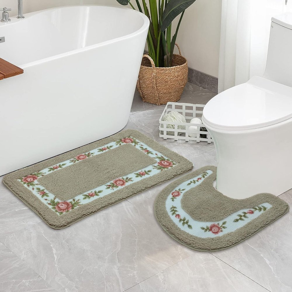 Apioiqa Rose Floral Bathroom Rug Sets 2 Piece Non Slip Bath Shower Mat and U-Shaped Contour Toilet Rug, Absorbent Microfiber, (18 x 30 Plus 20 x 20 U), Brown