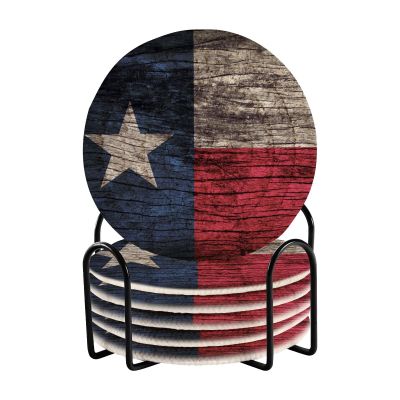 Aflyko Patriot Coasters for Drink Texas Flag Wooden Coaster Set with Metal Holder Cotton Woven Coaster for Coffee Table Bistro Home Kitchen Island Holiday Housewarming Gift 6 Pack