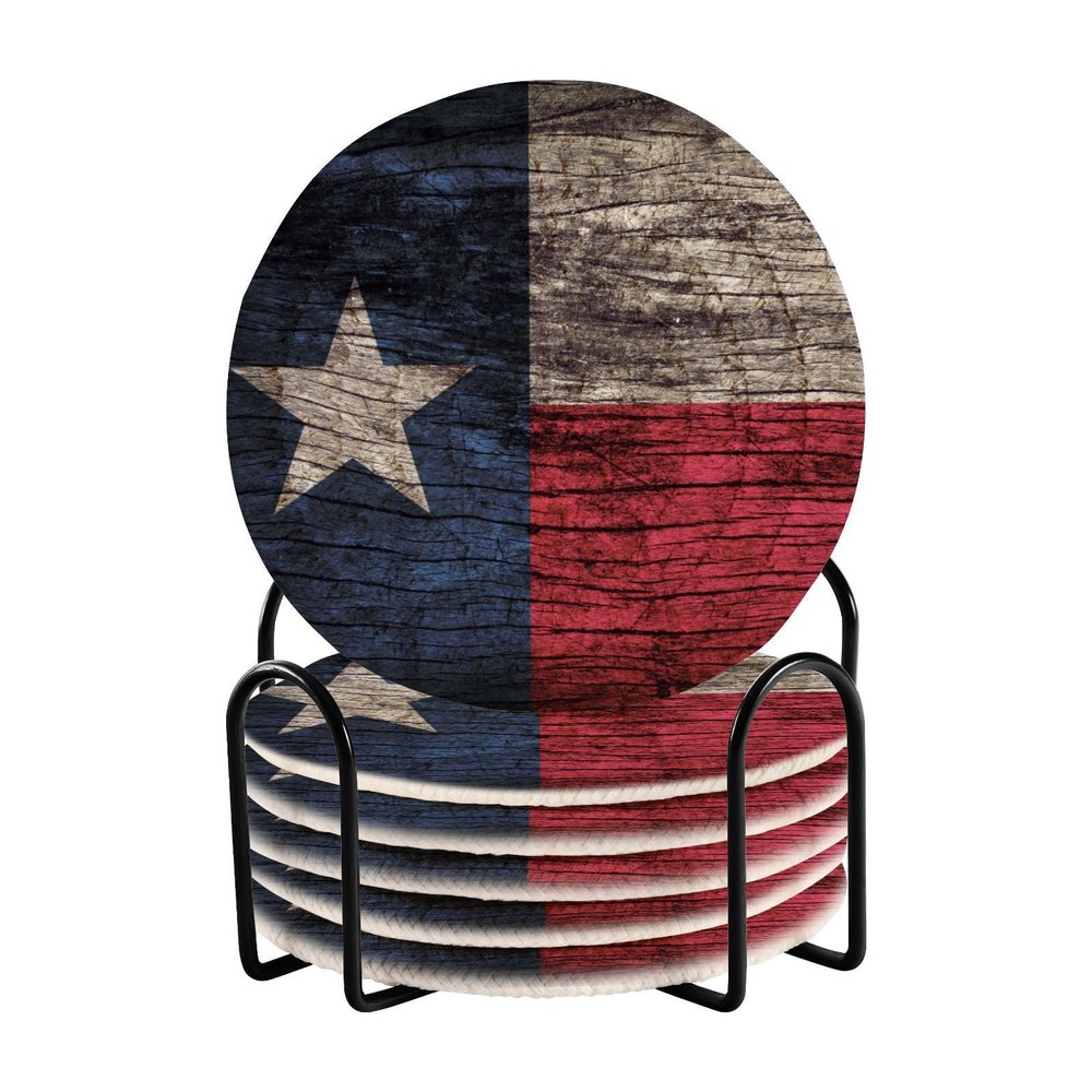 Aflyko Patriot Coasters for Drink Texas Flag Wooden Coaster Set with Metal Holder Cotton Woven Coaster for Coffee Table Bistro Home Kitchen Island Holiday Housewarming Gift 6 Pack