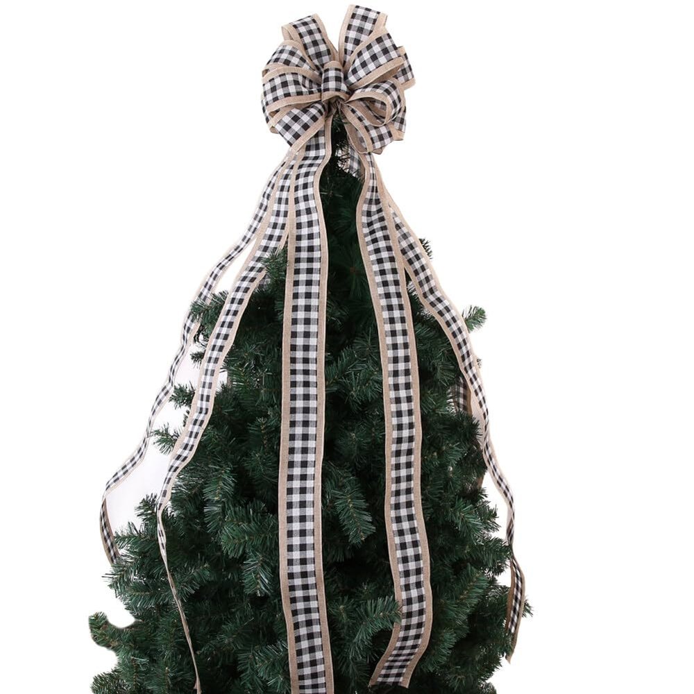 Extra Large Christmas Tree Topper Bow 47" x 12" Christmas Black White Plaid Burlap Decorative Bows Christmas Tree Topper Bows with Long Streamers Rustic Farmhouse Decorations Wreath Ornaments
