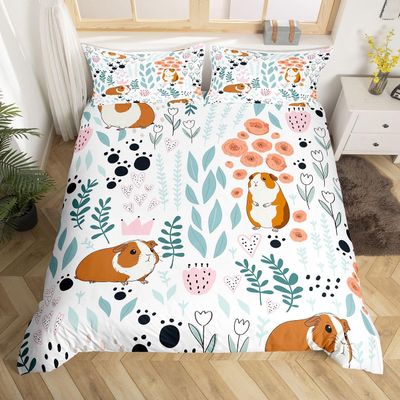 Erosebridal Kawaii Guinea Pig Bedding Set,Cartoon Guinea Pig Duvet Cover Twin,Cute Love Heart Leaf Flower Comforter Cover for Kids Girls Boys,Paw Print Animals Bed Set with 1 Pillow Case