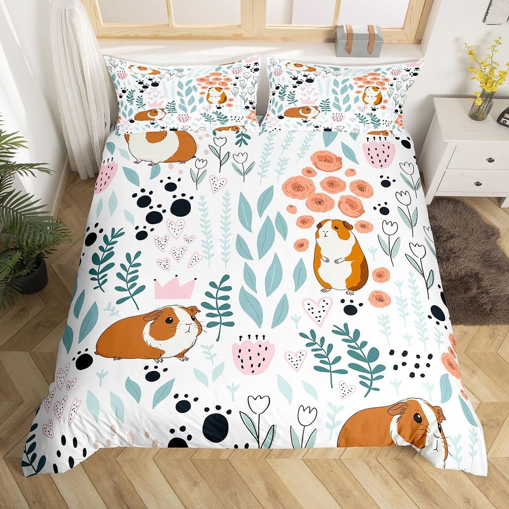 Erosebridal Kawaii Guinea Pig Bedding Set,Cartoon Guinea Pig Duvet Cover Twin,Cute Love Heart Leaf Flower Comforter Cover for Kids Girls Boys,Paw Print Animals Bed Set with 1 Pillow Case