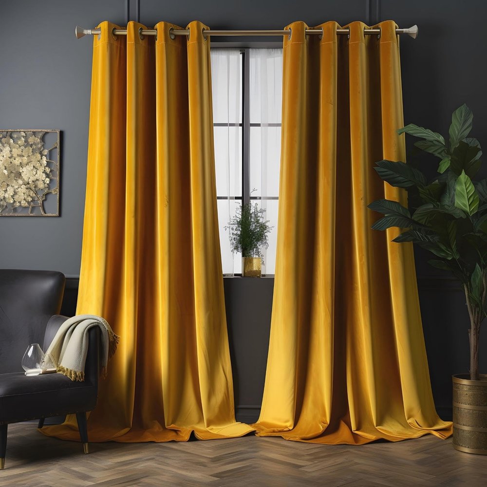 Aljctns Marigold Velvet Curtains, 96 inches, 2 Panels, Super Soft Grommet, Noise Reducing, Room Darkening Luxury Curtains for Living Room & Bedroom Decor, W52 x L96 inches