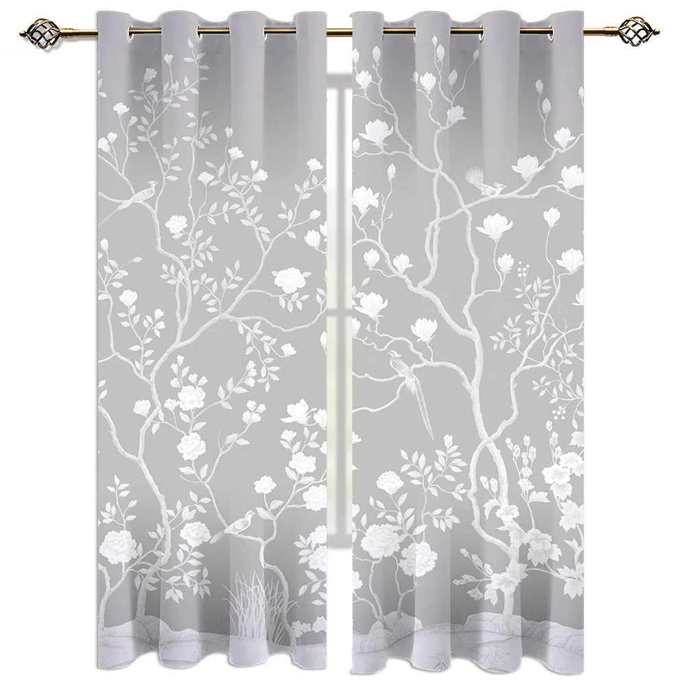 TOARTE Classical Plum Blossom Window Treatments, White Flowers On Gray Background Blackout Curtains for Bedroom, Grommet Thermal Insulated Window Curtain for Living Room Patio - 42x72in
