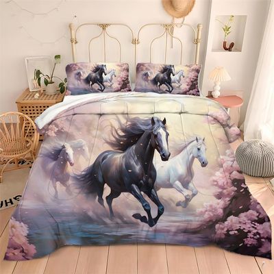 Albideyaa Galloping Horses Queen Size Bedding Comforter Set for Boys Girls Teens Animal Theme 3D Pink Flowers Print Duvet Set for Kids Adult Home Decor Soft Microfiber Quilt Set with 2Pillowcases