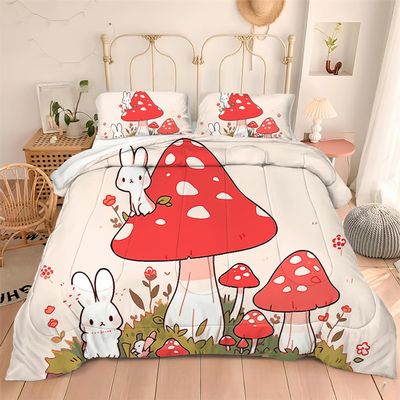 Albideyaa Cute Cartoon Rabbits Mushrooms Comforter Set for Girls Women Teens Green Leaves Little Flowers Print Duvet Bedding Set for Full Size Bed Soft Kids Adult Bedroom Quilt Set with 2Pillowcases