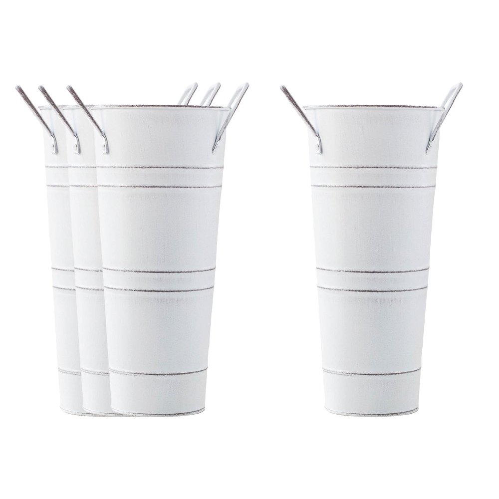 JISADER 4X French Floral Bucket Planter Basket Dried Floral Arrangement Portable Flower Vase Succulent Pots for Front Porch Indoor, White