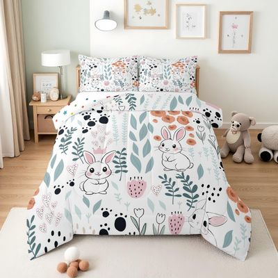 Erosebridal Kawaii Rabbit Comforter Set,Cartoon Rabbit Bedding Set Full,Cute Love Heart Leaves Flowers Comforter Set for Kids Girls Boys,Paw Print Animal Quilt Duvet Insert with 2 Pillow Cases