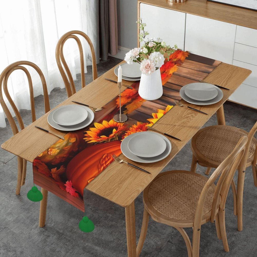 Linen Table Runner Halloween Pumpkin Sunflower Christmas Table Runner with Tassel Rustic Farmhouse Table Cover for Kitchen Dining Party Table Decor 14x60 Inch