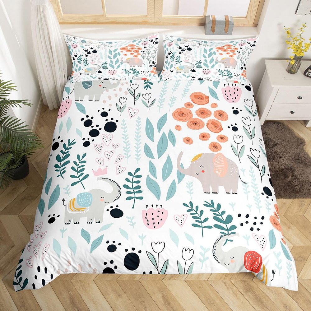 Erosebridal Kawaii Elephant Bedding Set,Cartoon Elephant Duvet Cover Twin,Cute Love Heart Leaf Flower Comforter Cover for Kids Girls Boys,Paw Print Animal Bed Set with 1 Pillow Case