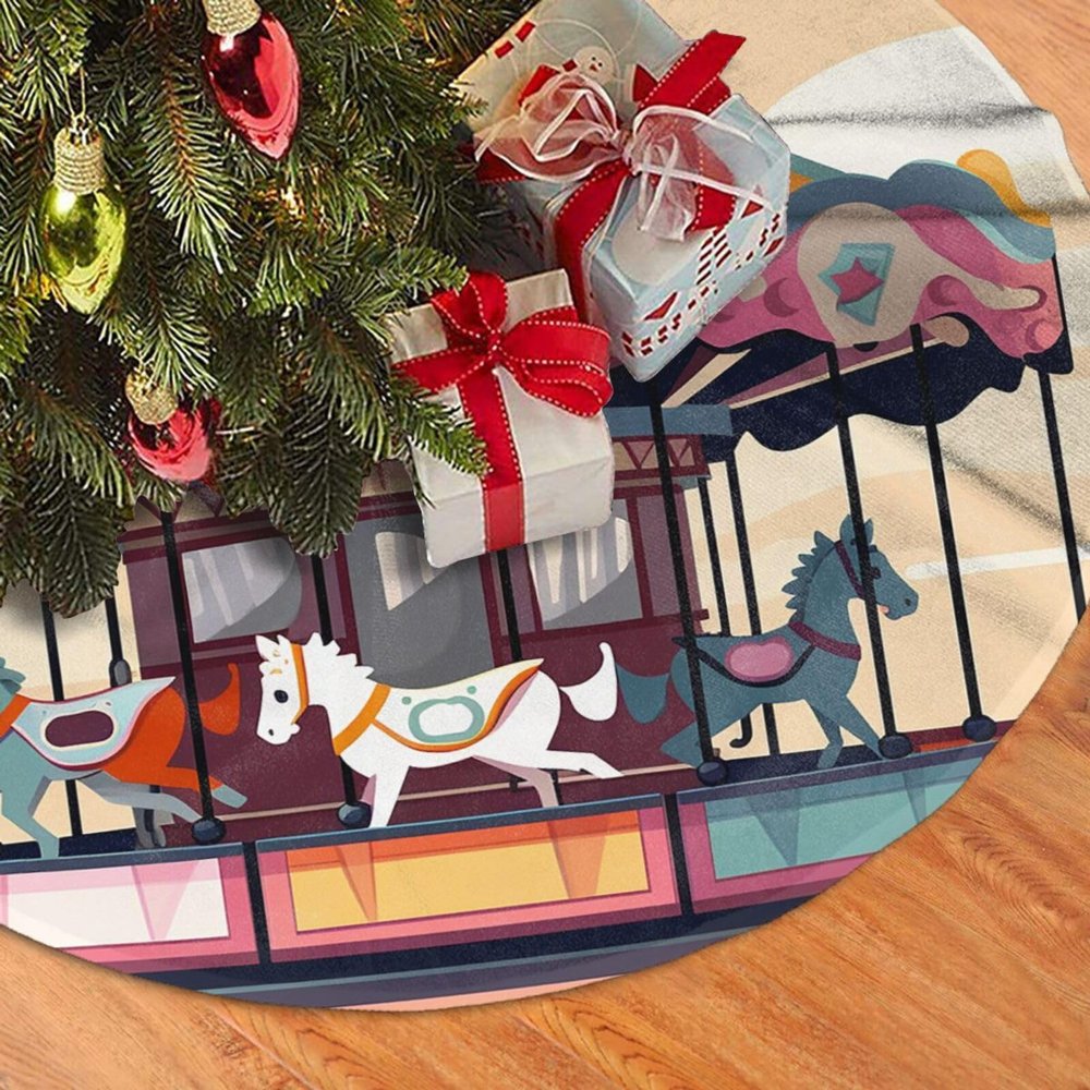 Carousel Christmas Tree Skirt Soft Plush Xmas Tree Skirt Winter Christmas Tree Mat Farmhouse Christmas Tree Ornaments for Holiday New Year Party Indoor Outdoor Decorations