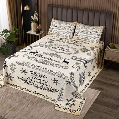 Merry Christmas Kids Bedspread King Size,Deer Snowflake Rustic Farmhouse Coverlet Set,Girls Boys Adults Room Decor,Christmas Trees Flowers Quilted Coverlet,Brown Retro Bedding Quilt,2 Pillowcases