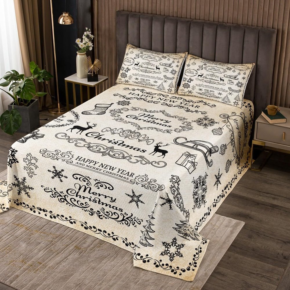 Merry Christmas Kids Bedspread King Size,Deer Snowflake Rustic Farmhouse Coverlet Set,Girls Boys Adults Room Decor,Christmas Trees Flowers Quilted Coverlet,Brown Retro Bedding Quilt,2 Pillowcases