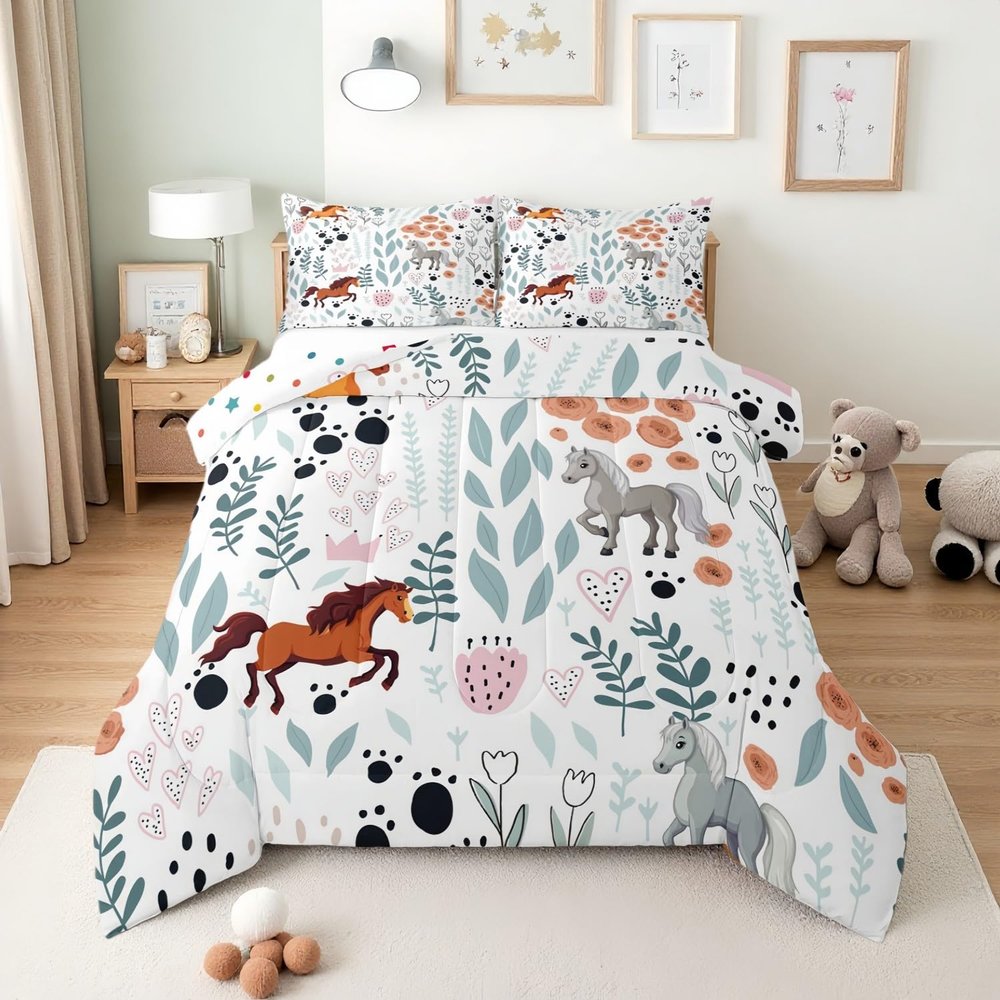 Erosebridal Kawaii Horse Comforter Set,Cartoon Horse Bedding Set Full,Cute Love Heart Leaves Flowers Comforter Set for Kids Girls Boys,Paw Print Animal Quilt Duvet Insert with 2 Pillow Cases