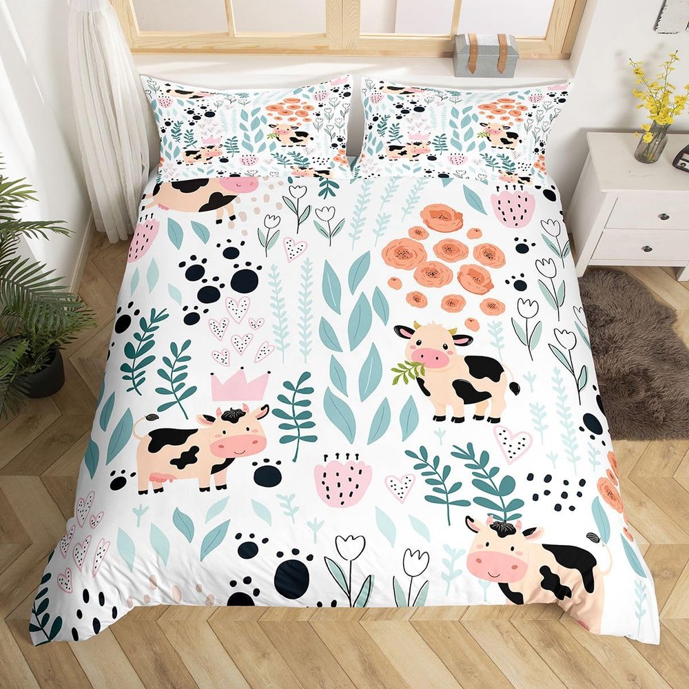 Erosebridal Kawaii Cow Bedding Set,Cartoon Milk Cow Duvet Cover Twin,Cute Love Heart Leaf Flower Comforter Cover for Kids Girls Boys,Paw Print Farm Animals Bed Set with 1 Pillow Case