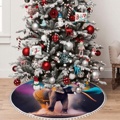 Yioniii Elephant Plays While Exploding and Colored Spray Pattern 48 Inch Christmas Tree Skirt with Snowflakes,Traditional Christmas Tree Mat Layers for Xmas Party DecorationMulticolour