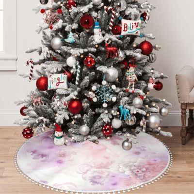 Yioniii Delicate Pale Pink Floral Flowers Pattern 36 Inch Soft Christmas Tree Mat for Xmas Holiday Party Decoration,Luxury Christmas Tree SkirtPink