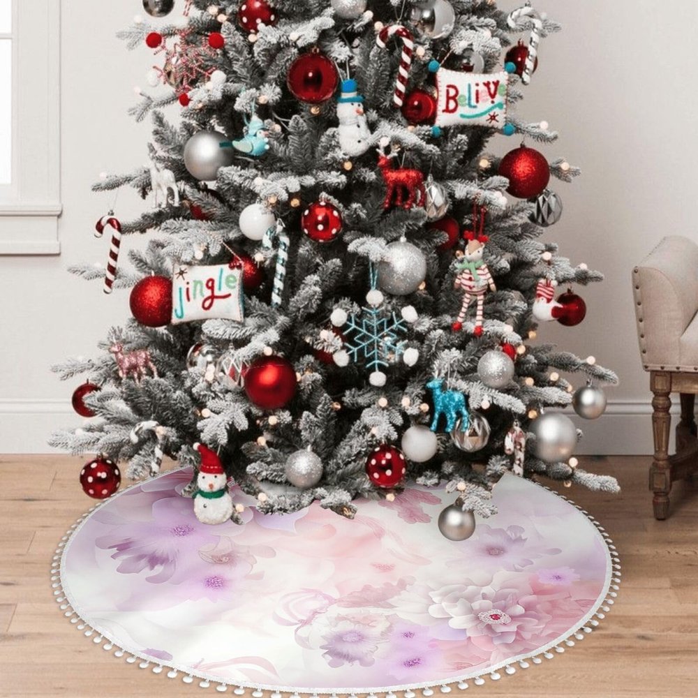 Yioniii Delicate Pale Pink Floral Flowers Pattern 36 Inch Soft Christmas Tree Mat for Xmas Holiday Party Decoration,Luxury Christmas Tree SkirtPink