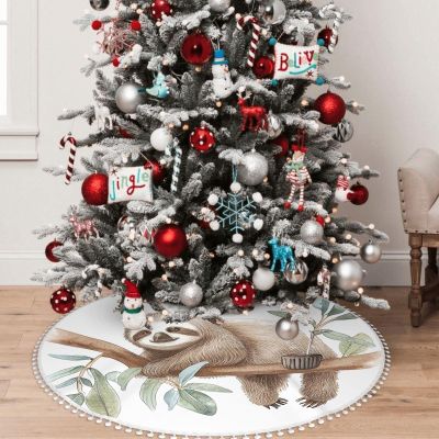 Yioniii Cute Sloth on a Branch Pattern 36 Inch Soft Christmas Tree Mat for Xmas Holiday Party Decoration,Luxury Christmas Tree SkirtBrown and Green