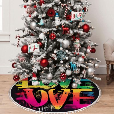 Yioniii Rainbow Love Pattern 48 Inch Christmas Tree Skirt with Snowflakes,Traditional Christmas Tree Mat Layers for Xmas Party DecorationMulticolour