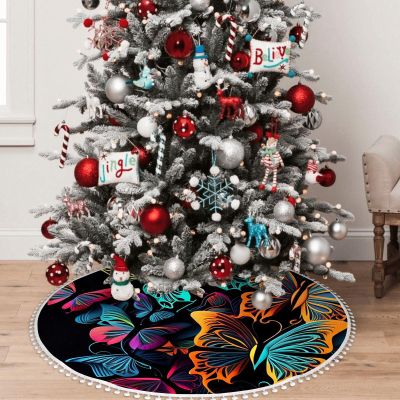 Yioniii Colorful Butterfly Print Pattern 30 Inch Soft Christmas Tree Mat for Xmas Holiday Party Decoration,Luxury Christmas Tree SkirtMulticolour