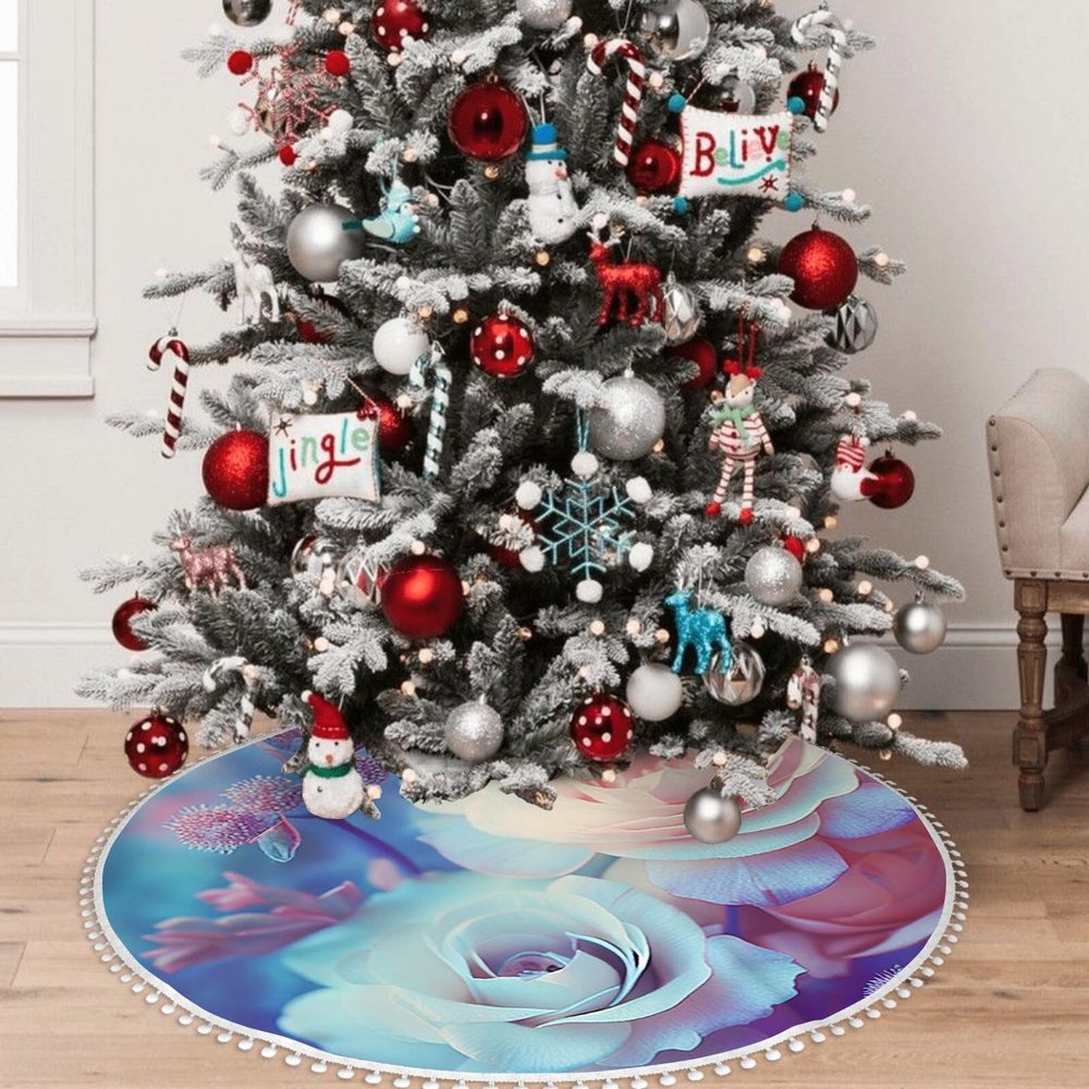 Yioniii Rose Pink and White Flowers Pattern 30 Inches Christmas Tree Skirt,Christmas Tree Decorations,Farmhouse Christmas Decor Xmas Holiday Home Party Decorations,Pink Blue and White
