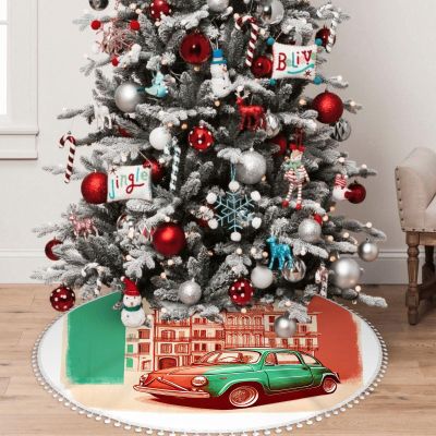 Yioniii A red car in Italy Pattern 30 Inch Christmas Tree Skirt with Snowflakes,Traditional Christmas Tree Mat Layers for Xmas Party DecorationRed