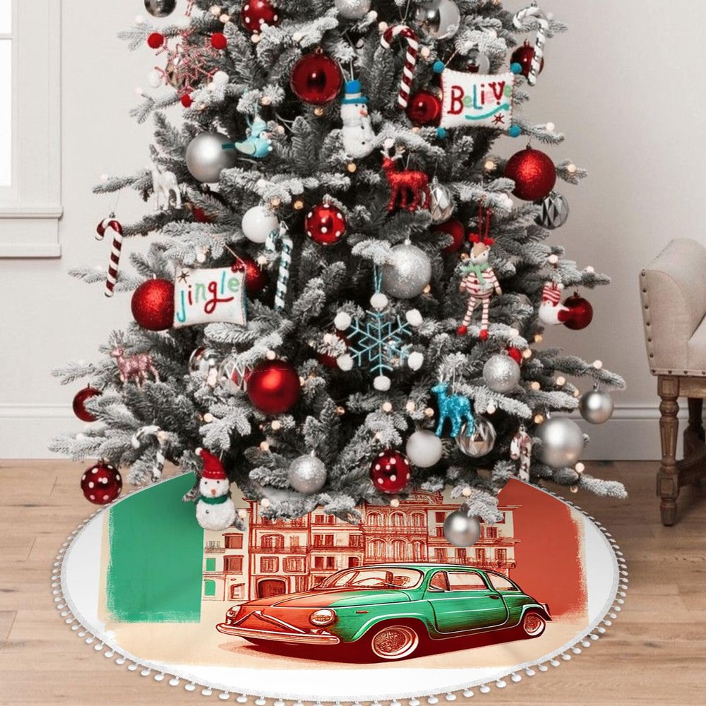 Yioniii A red car in Italy Pattern 30 Inch Christmas Tree Skirt with Snowflakes,Traditional Christmas Tree Mat Layers for Xmas Party DecorationRed