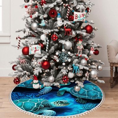 Yioniii Doodlebugs Opal Blue Batik Turtles Pattern 48 Inch Christmas Tree Skirt,Christmas Tree Decoration Xmas Tree Mat for Holiday Party Indoor Decorations,Blue