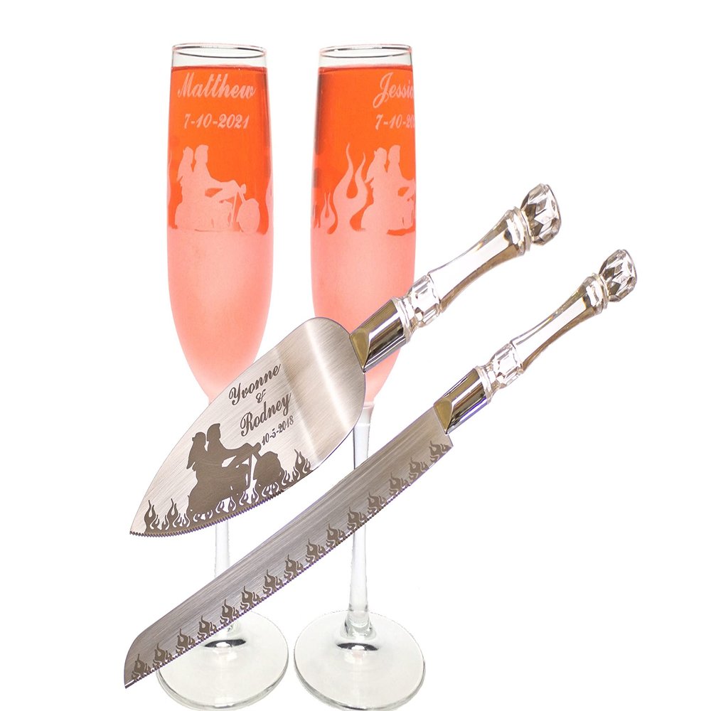 Aaron's Etching Personalized Wedding Stainless steel Cake Knife and Server Set and Glass Champagne Flutes Set for Wedding Decor with Motorcycle
