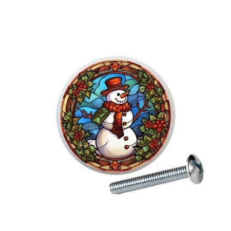 Stained Glass Snowman Snowmen Collection by YAW - 1.5" DECORATIVE Glossy Ceramic Dresser Drawer PULLS Cabinet Cupboard KNOBS (04)
