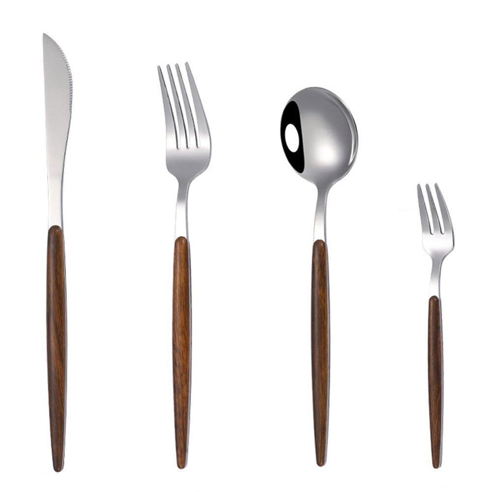 24-Piece Silver Silverware Set for 6,Kitchen Tableware Set Include Fork Knife Spoon Set Faux Wooden Handle Cutlery Set for Family Kitchen Restaurant, Mirror Polished,Dishwasher Safe