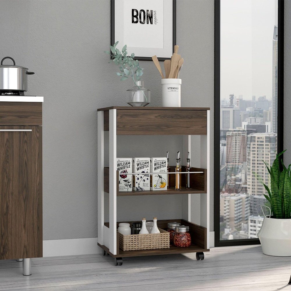 Tuhome Verona Kitchen Cart, Three Shelves, Four Casters