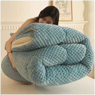 ZTGL Thickened Super Soft Insulation Flannel Winter Quilt, Warm Lamb Cashmere & Luxury Flannel Double Fabrics, Breathable Warmth Fluffy Plush Double Sided Velvet Blanket,Blue,180x200cm(4.5kg)