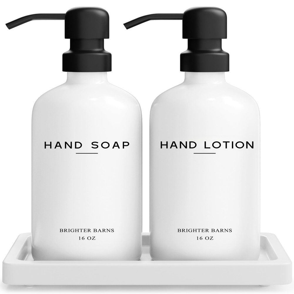 White Glass Soap and Lotion Dispenser Set with Tray by Brighter Barns - Hand Soap Dispenser Bathroom Set & Stainless Steel Pump for Home, Vacation Rental - Modern Bathroom Accessories & Decor (White)