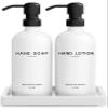 White Glass Soap and Lotion Dispenser Set with Tray by Brighter Barns - Hand Soap Dispenser Bathroom Set & Stainless Steel Pump for Home, Vacation Rental - Modern Bathroom Accessories & Decor (White) view 1