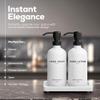White Glass Soap and Lotion Dispenser Set with Tray by Brighter Barns - Hand Soap Dispenser Bathroom Set & Stainless Steel Pump for Home, Vacation Rental - Modern Bathroom Accessories & Decor (White) view 2