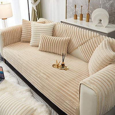 Thickened Fuzzy Sofa Covers 3D Striped Faux Rabbit Fur Couch Covers Super Soft Puffy Sectional Couch Slipcovers Non-Slip Furniture Protectors Warm Sofa Towel Blankets ( Color : Curry , Size : 90*90cm/